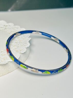 Vintage Cloisonné Blue enamel Red, Pink, White, Green floral Bangle Bracelet